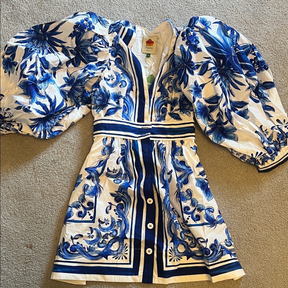 Floral Blue and White Dress with Puff Sleeves